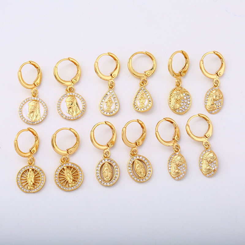 Wholesale Religious Belief Copper Micro-Inlaid Zircon 925 Silver Needle Drip Oil Earrings